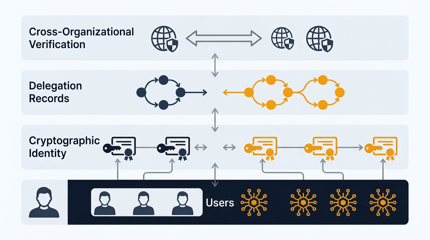 A four-layer architectural design pattern for agent identity: organizational directories at the base, cryptographic identity above, delegation records next, and cross-organizational verification at the top. Human users connect on one side, AI agents on the other.